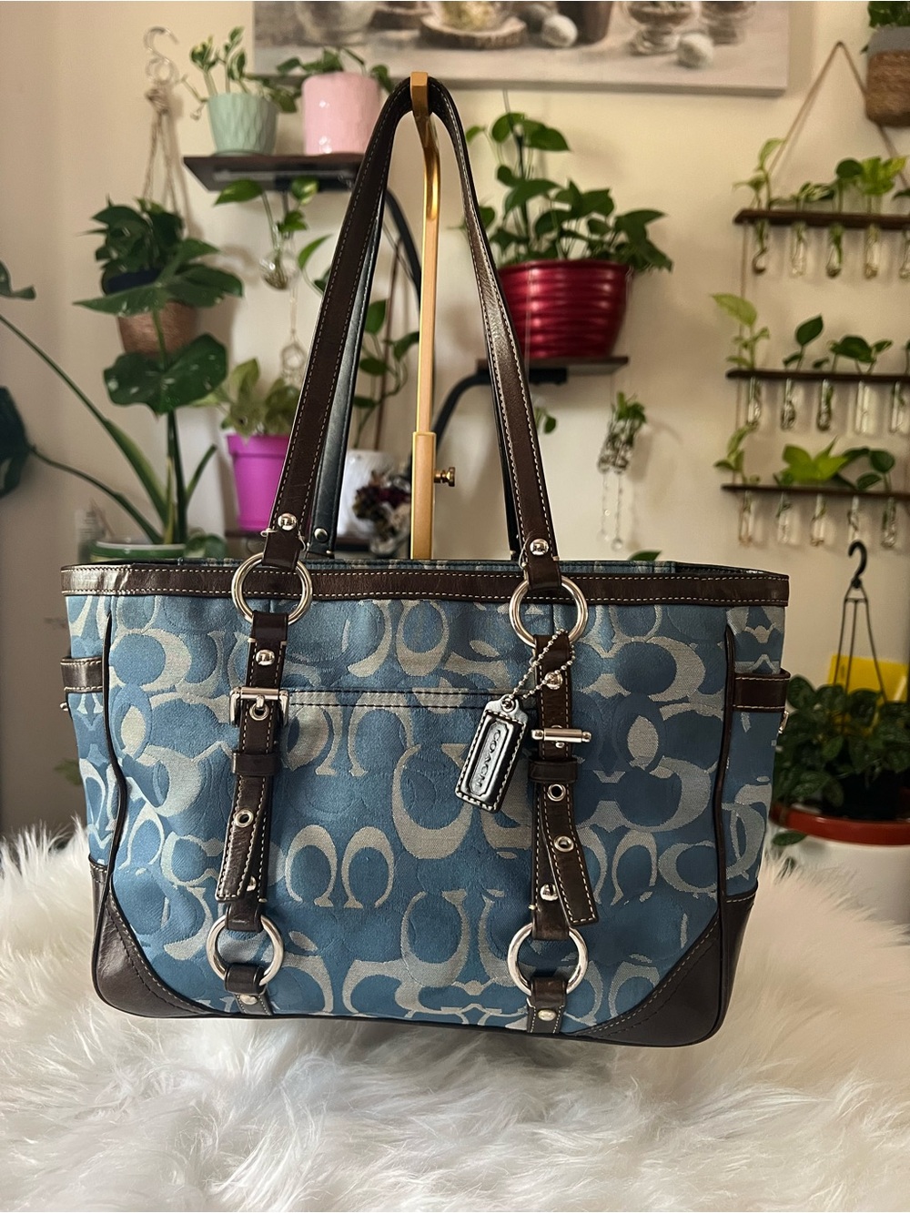Coach Blue Signature Jacquard Tote with Brown Leather Trim